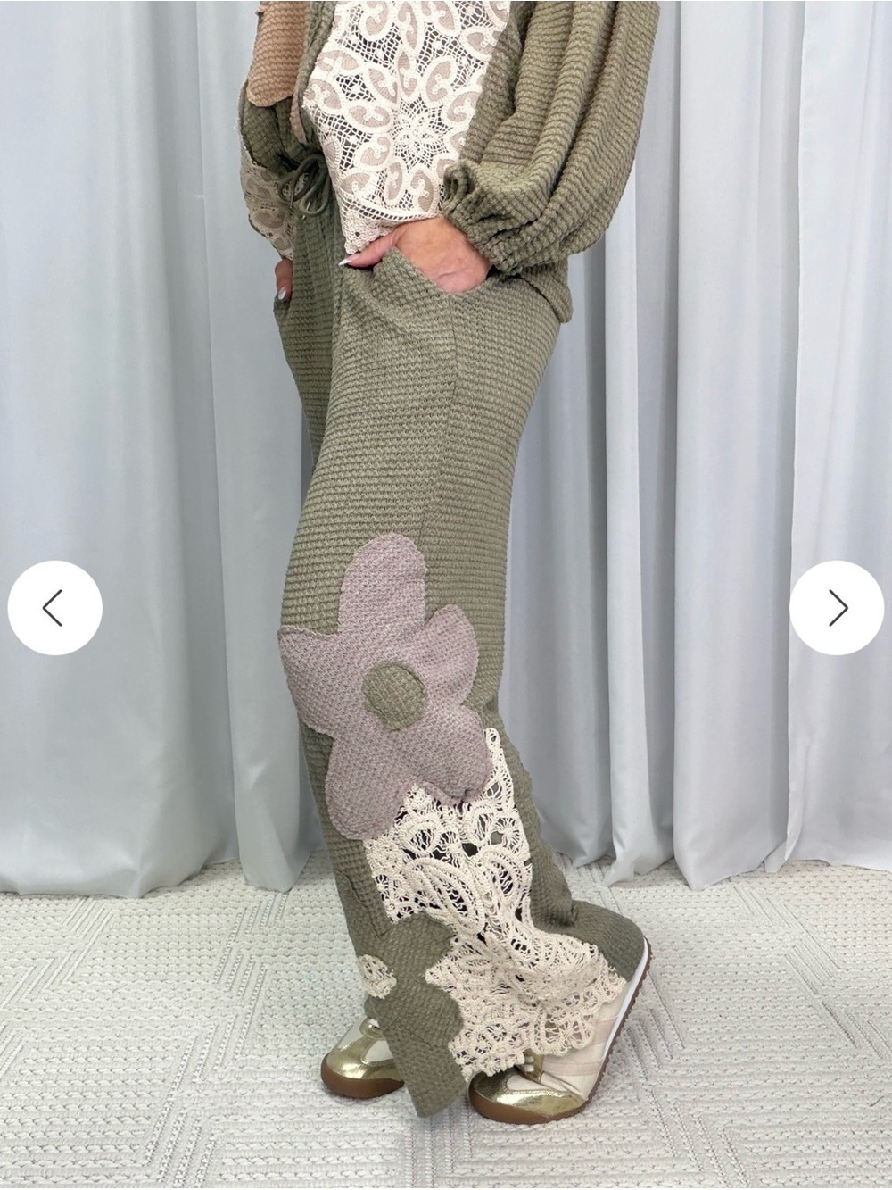 NWT. DAVI & DANI Olive Waffle Knit Joggers with Lace Flower Appliqué